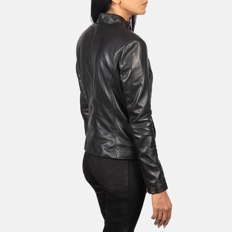 Womens Rumella Black Leather Biker Jacket Tilted Back-8-1652188520187